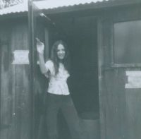 Margaret Pilat showing no fear when approaching the outhouse
