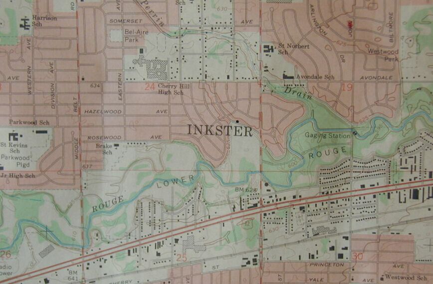 A quadrangle map of Inkster.  The dot shows the location of our house. 90kb