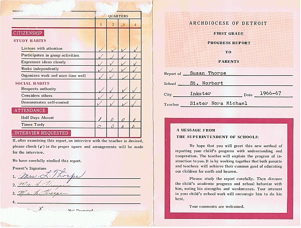 1967 Report Card Grade 1